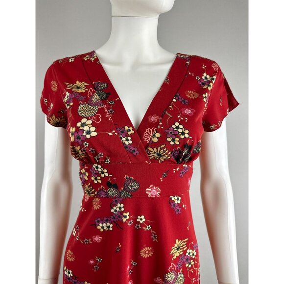 Vtg 90s Red Asian Inspired Floral V Neck A Line Dress Whimsygoth Size 11/12 - Picture 7 of 7